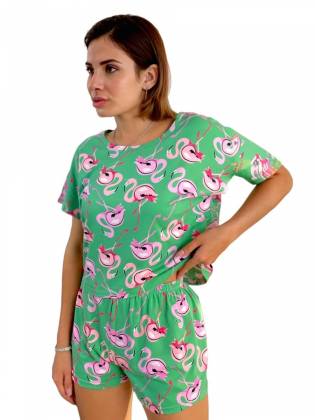 Пижама шорты + футболка "Flamingo" зеленая