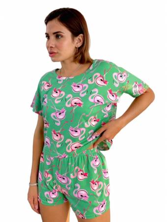 Пижама шорты + футболка "Flamingo" зеленая